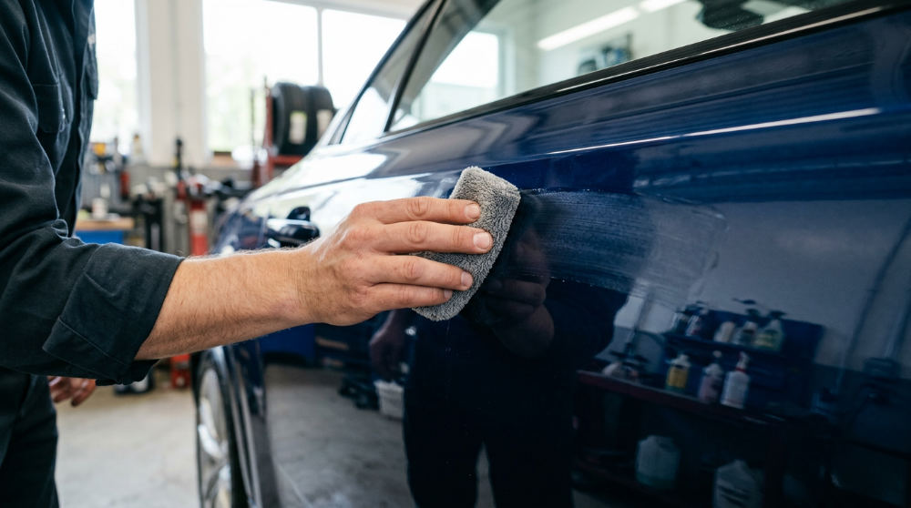 A detailed close-up of applying a protective wax layer to a vehicle to maintain the clear coat.