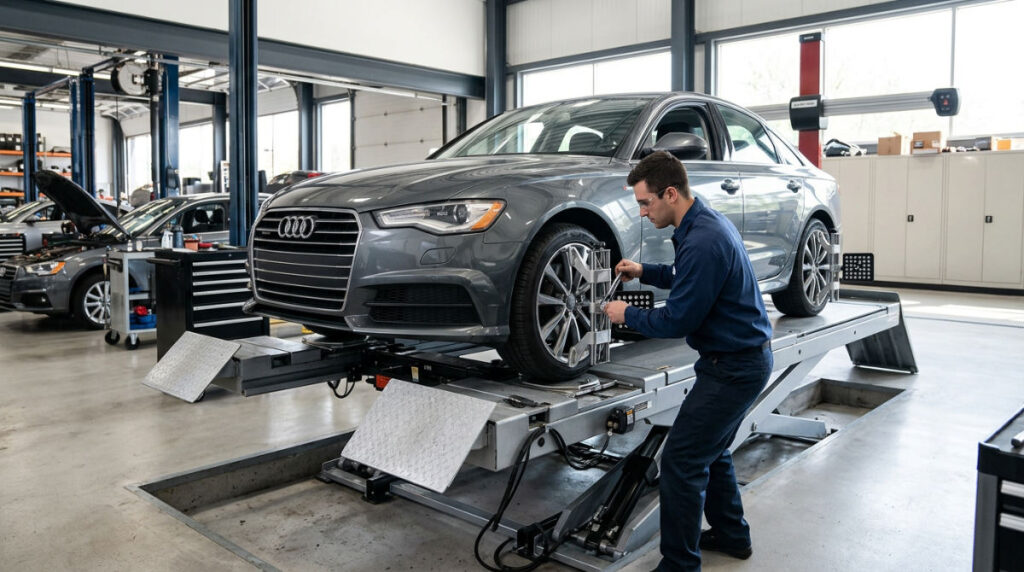A professional technician performs a wheel alignment on a car using a laser-guided alignment rack in a service bay.