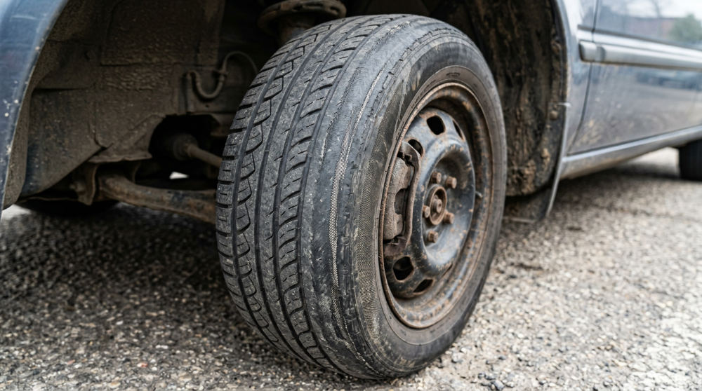 A worn car tire showing a smooth inner edge and deep tread on the outer edge, illustrating tire wear patterns from bad alignment.
