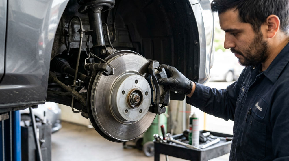 A technician performing a detailed brake service, a core safety procedure to ensure long-term vehicle safety.